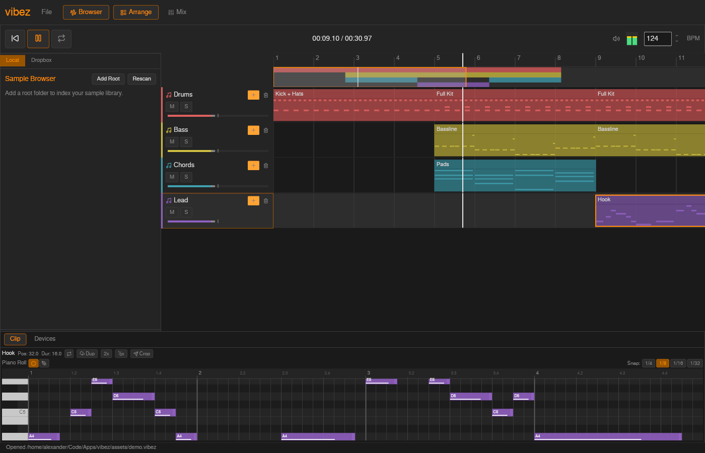 Vibez digital audio workstation arrangement view